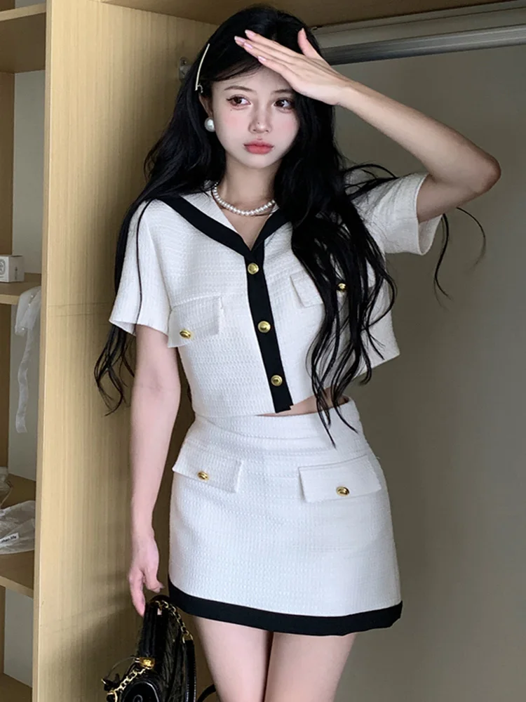 

New Summer Women Tweed Suit Elegant Fashion Sailor Collar Short Sleeve Coat Top + Mini Skirts Two Piece Set Female Clothes