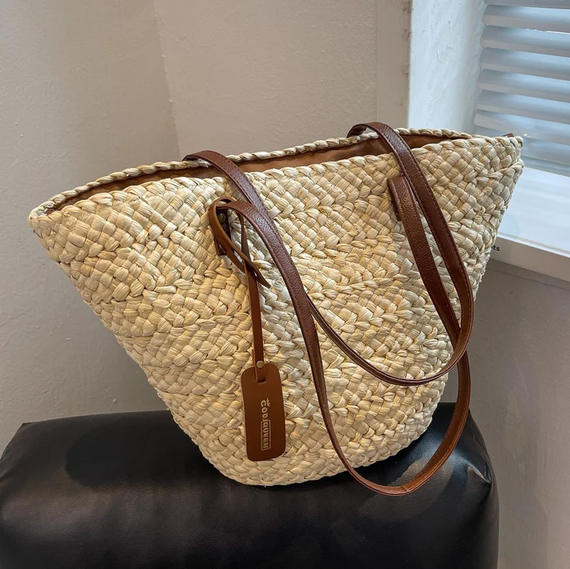 

Women Bohemia Weave Straw Tote Bag 2023 Summer Travel Beach Bags Handmade Lady Handbag Rattan Shoulder Side