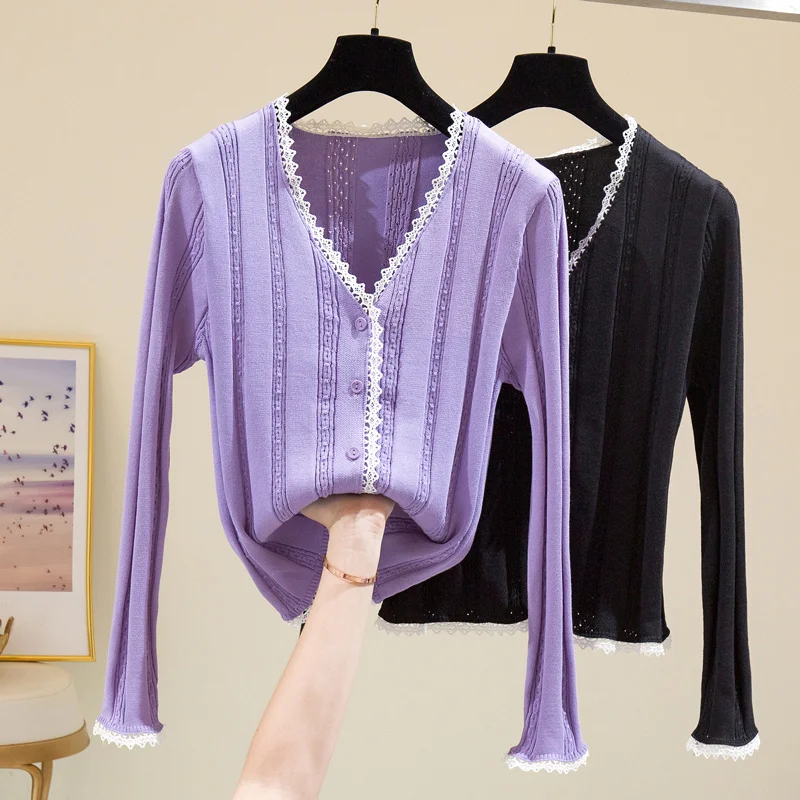 

Women's V-neck Knitted Sweaters Women 2022 Spring Trendy Hollow Out Lace Trim Korean Crop Tops Lady Cardigan Femme Knit Jackets