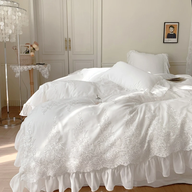 

ABAY Bedding set Egyptian cotton lace Embroidery Duvet cover European court style white flat bedsheet Soft Bed Set Wedding Gifts