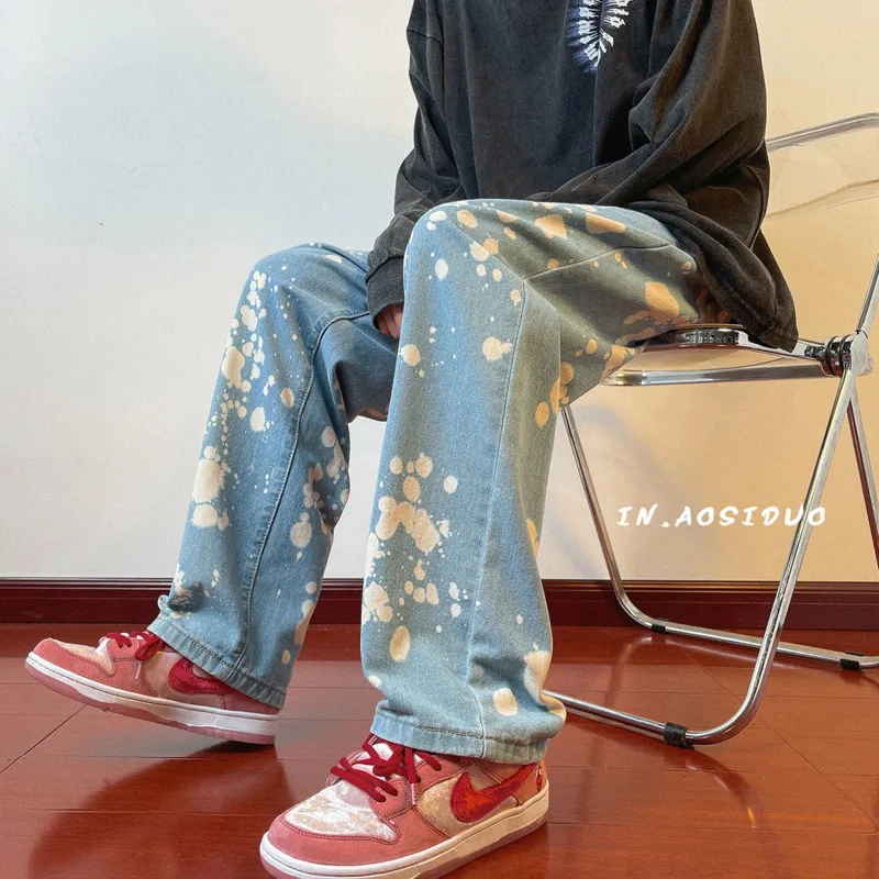 Blue/Black Baggy Jeans Men Fashion Casual Straight Jeans Men Streetwear Hip Hop Loose Splattered Denim Pants Mens Trousers S-2XL