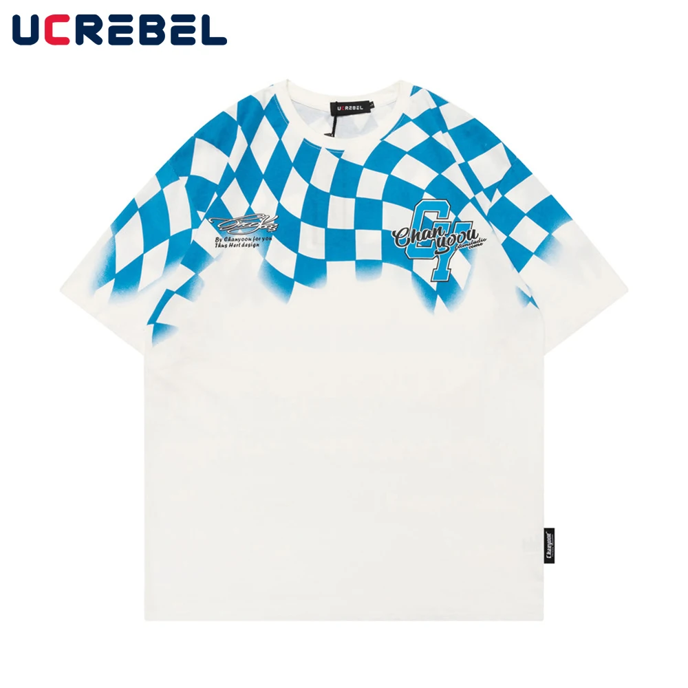 

Plaid Print Short Sleeve T-shirt Mens Summer Color Block Loose Half-Sleeve Streetwear Casual Crew Neck Cotton Tee Men