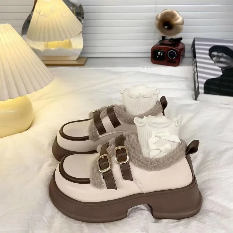 

Женские туфли мэри джейн с круглым носком, удобные и теплые лоферы, Повседневная универсальная обувь на толстой подошве, на высоком каблуке, Осень-зима