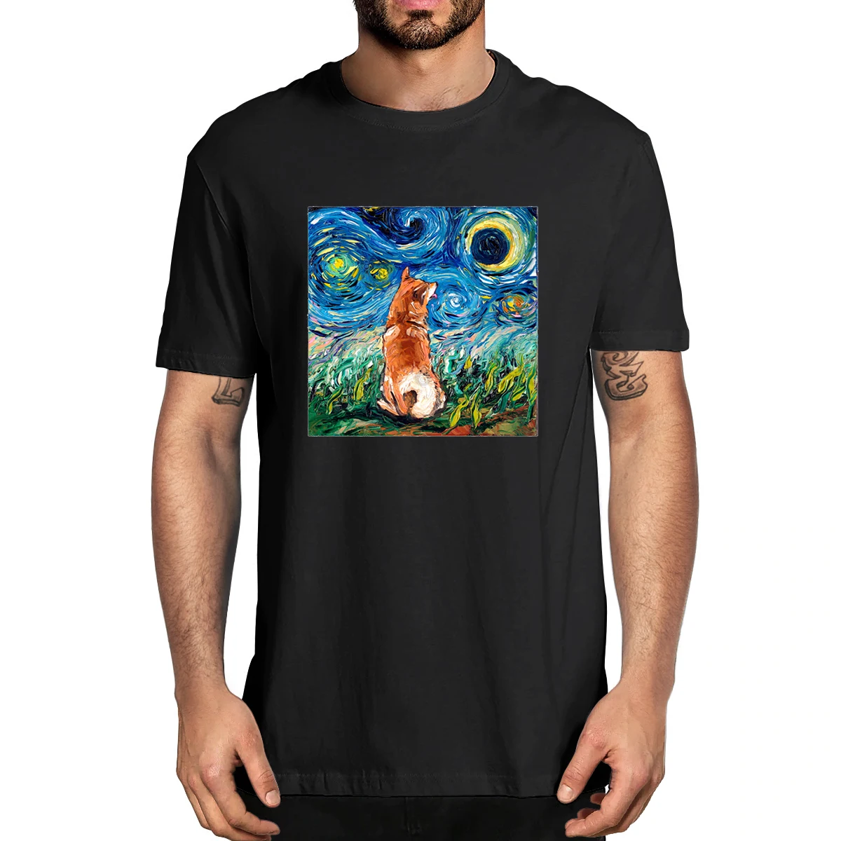 

100% Cotton Japanese Shiba Inu Dog Night Ukiyoe Print Summer Men's Novelty T-Shirt Women Casual Streetwear Harajuku Tee EU Size