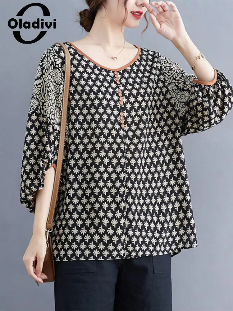 

Блузка Oladivi женская шифоновая с коротким рукавом, модная повседневная Свободная рубашка с принтом, Топ туника, большие размеры, лето 2022