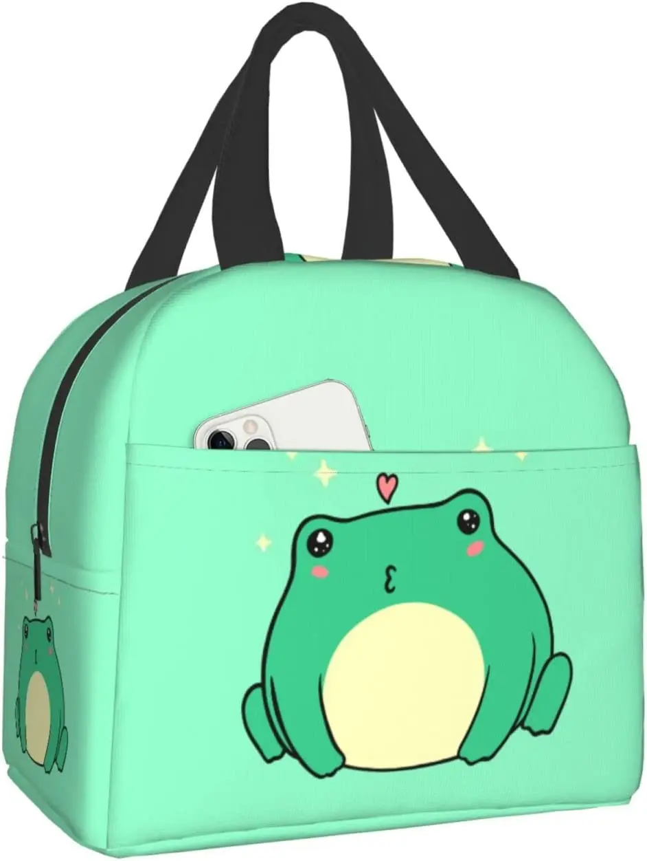 

Kawaii Green Frog Lunch Bento Bag Insulated Lunch Box Reusable Waterproof Lunch Bag with Front Pocket for Travel Office Picnic