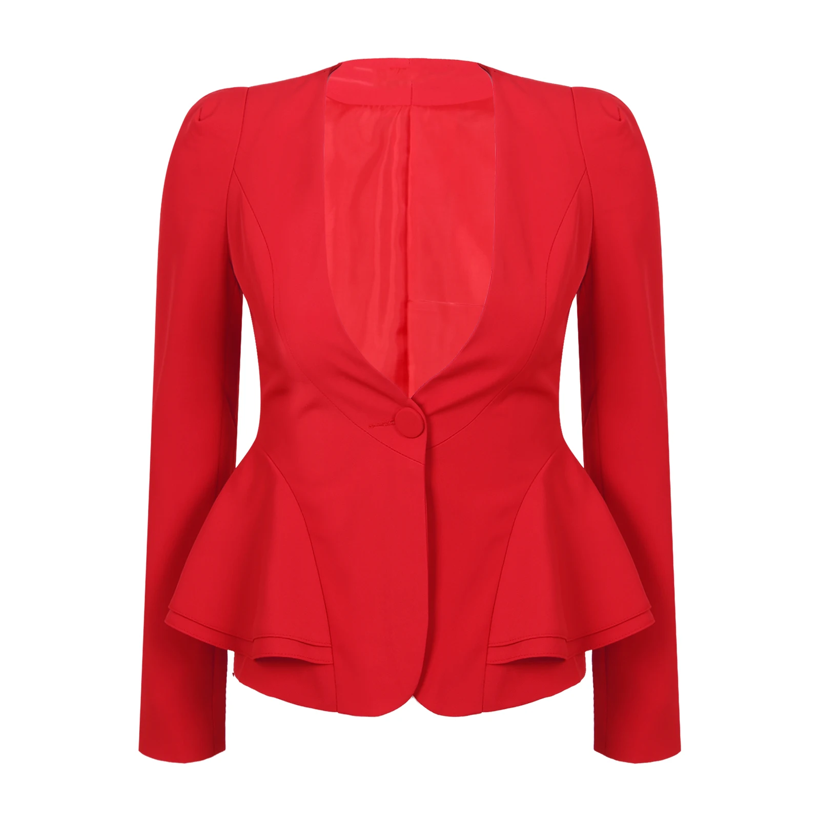 Women Red 3 Pure Colors Formal Blazers V-neck Long Sleeve Tops One-Button Slim Fit Peplum Suit Jackets for Office Meeting Wears