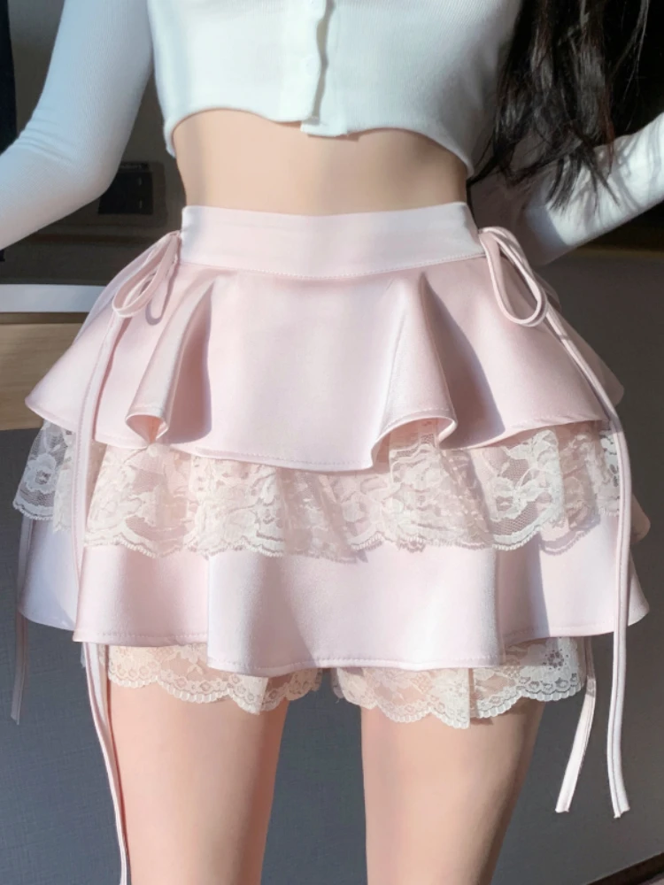 

Sexy Gothic Lolita Ruffle Tiered Skirts Hotsweet Women Cute Lace Bow Cake Skirt High Waist Pink A-Line Mini Skirt Y2k Girl Slim