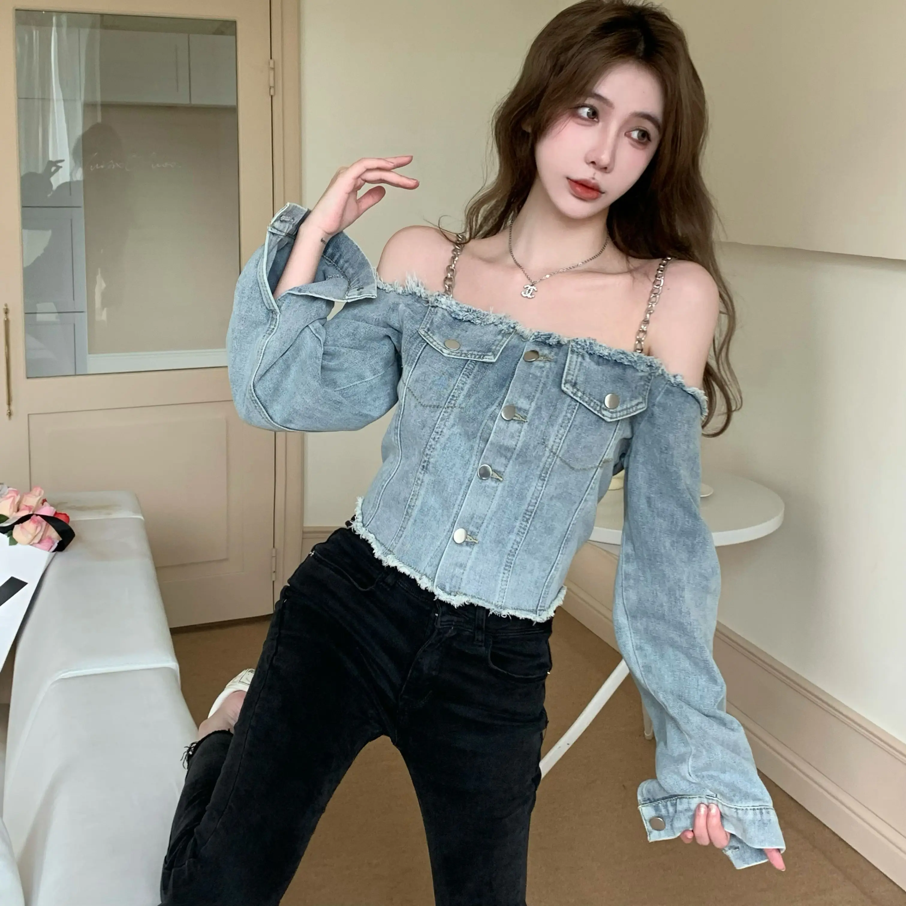 

2022 одежда для женщин на бретельках в стиле ретро с открытыми плечами джинсовая одежда с карманами кисточками Бесплатная доставка