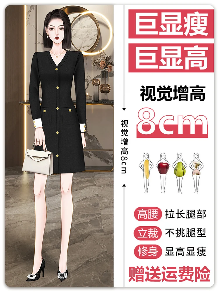 High-End Black Thickened Knitted dress Women Winter Wear 2024 Temperament V-neck Slim fit Bottoming Sweater Dress