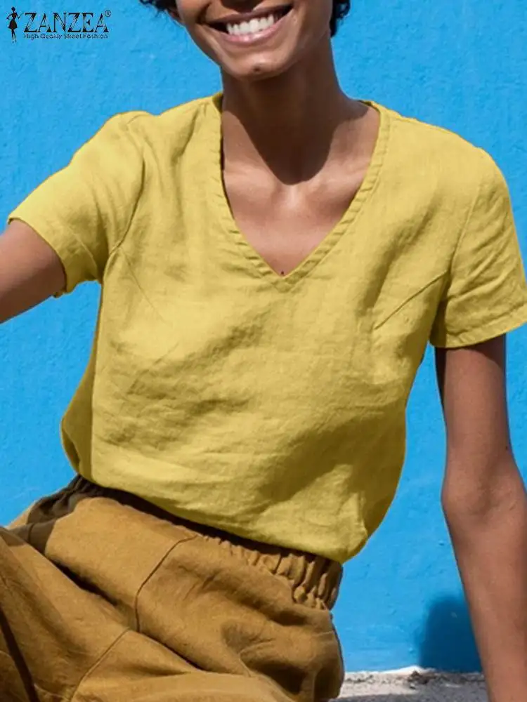 

Летняя однотонная блузка ZANZEA, женская модная Повседневная Блузка с коротким рукавом, винтажные тонкие блузки большого размера 2022