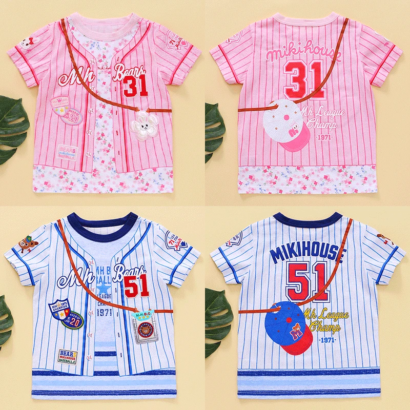 

Japanese Summer Boys And Girls Fake Strap Badge Cartoon Bear And Rabbit Embroidery Short-Sleeved T-Shirt Five-Point Pants