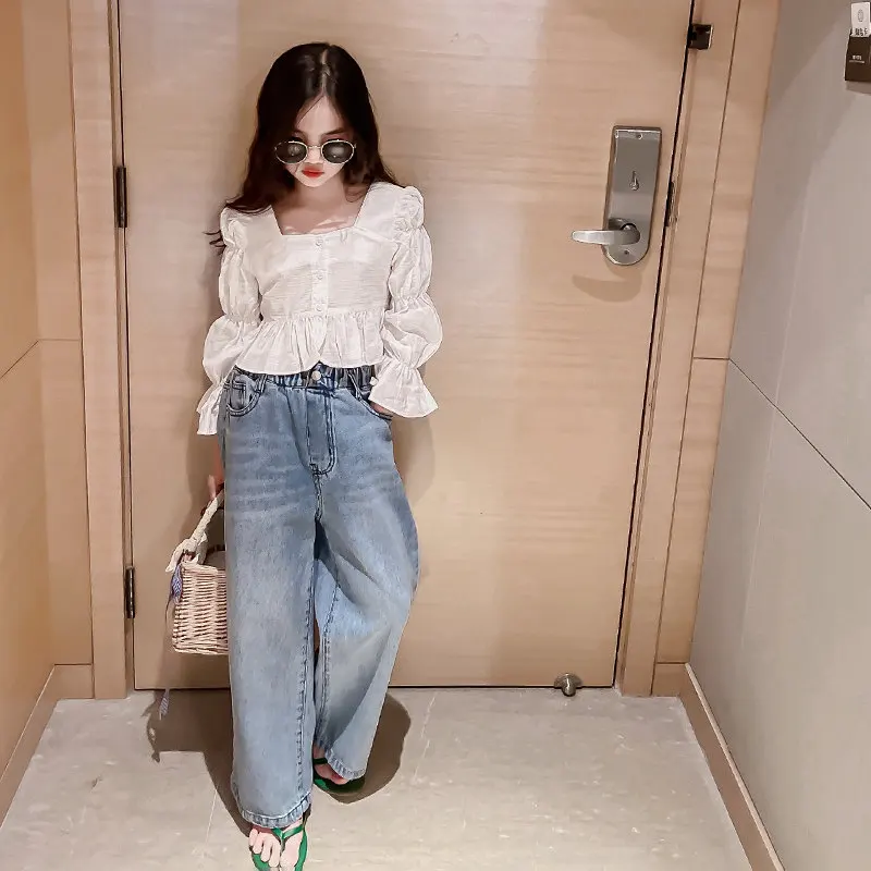 New Kids Girls Clothing Sets 2022 Cute Puff Sleeve Tops + Wide Leg Pants Korean Clothes Children Suit Teen 4 5 7 9 11 13 14Years