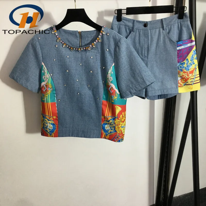 

Женская джинсовая рубашка с коротким рукавом, круглым вырезом и шорты с высокой талией, с карманами и принтом в стиле пэчворк, 7,19