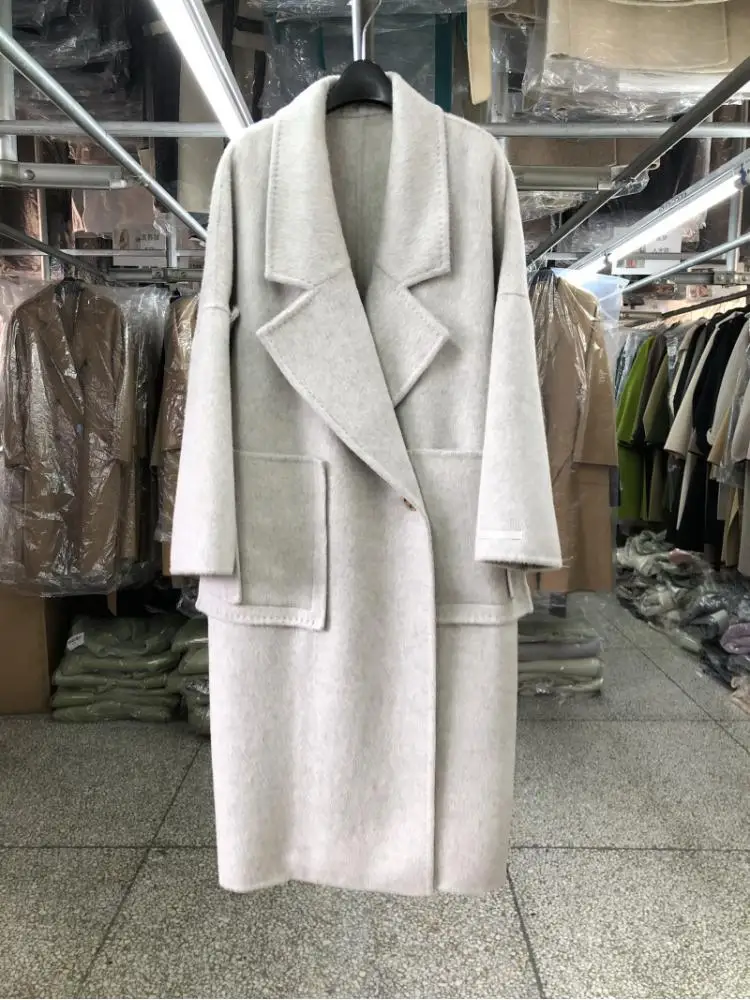 

Big Pocket Rabbit Hair Korean-Style Woolen Jackets Women 2023 Autumn/Winter Loose One Button Cocoon Long Wool Coats
