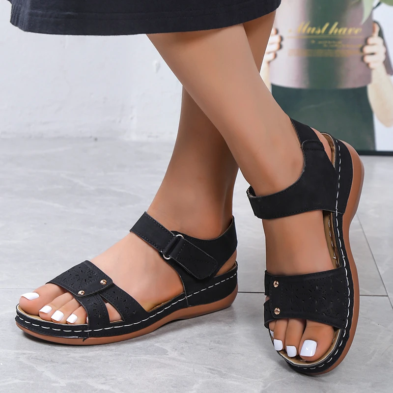 Summer Women's Sandals Wedge Hook&loop Ladies Flats Shoes Sewing Platform Female Open Toe Casual Sandals Plus Size Woman Shoes
