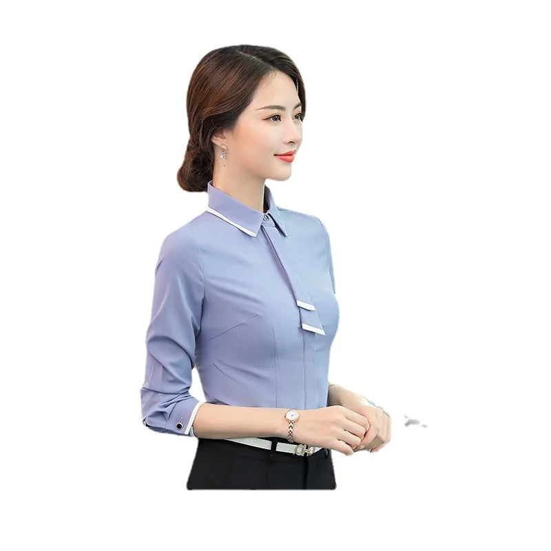 

2022 spring autumn Shirt women's long-sleeved Korean fashion style polyester shirt white professional wear slim office lady tops