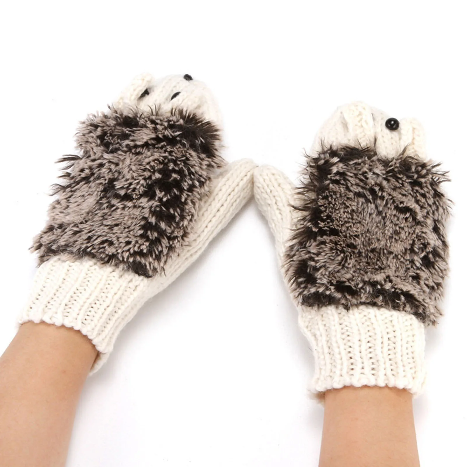 

Women Mittens Winter Fashion Warm Knitted Gloves Thickened And Velvet Head Hedgehog Gloves