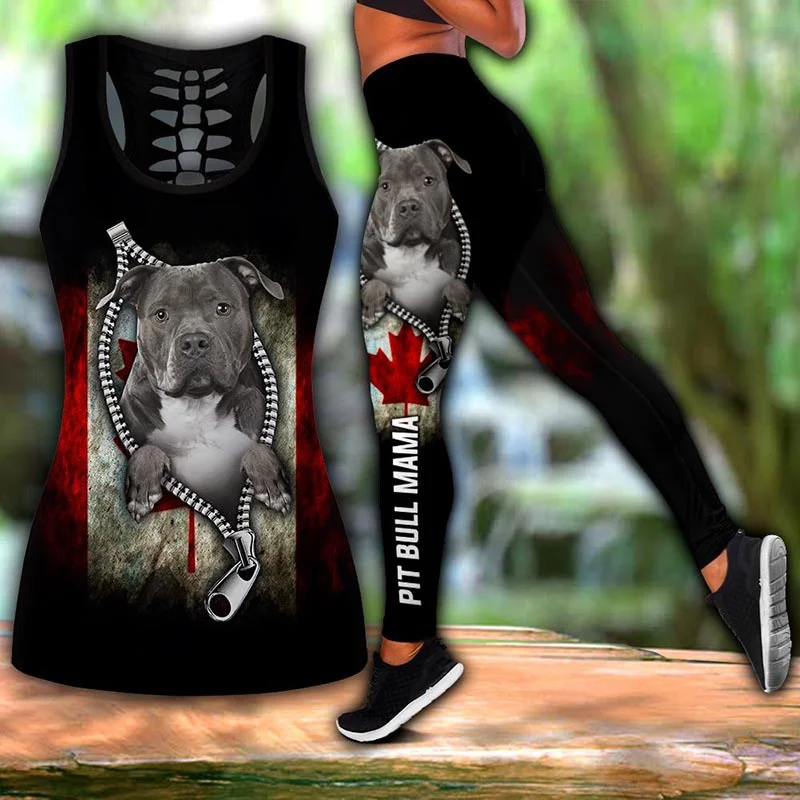 

Pitbull Mama Canada Yoga Outfit for Women Fashion 3D Printed Workout Leggings Fitness The Hips Yoga Pants Tank Top Yoga Set