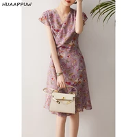 elegant temperament printed v neck dresses for women 2022 summer new fashion mulberry silk tea break dress dating party dress