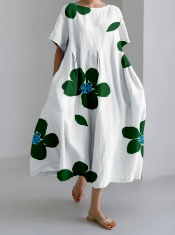 Женское летнее платье-трапеция с круглым вырезом и коротким рукавом свободное