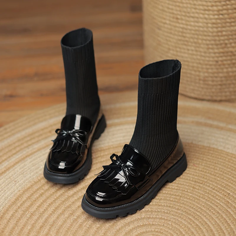 

Fringe Socks Boots Super Small Size Cute Sweet Ankle Boots Knitted Wool Stitching Bright Patent Leather Student Elastic Shoes