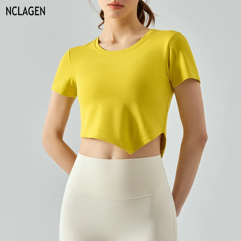 

NCLAGEN, летний топ для йоги с коротким рукавом, футболка для йоги, облегающий топ для фитнеса, Быстросохнущий женский спортивный тренажерный зал, бег, дышащий Топ, сухая посадка