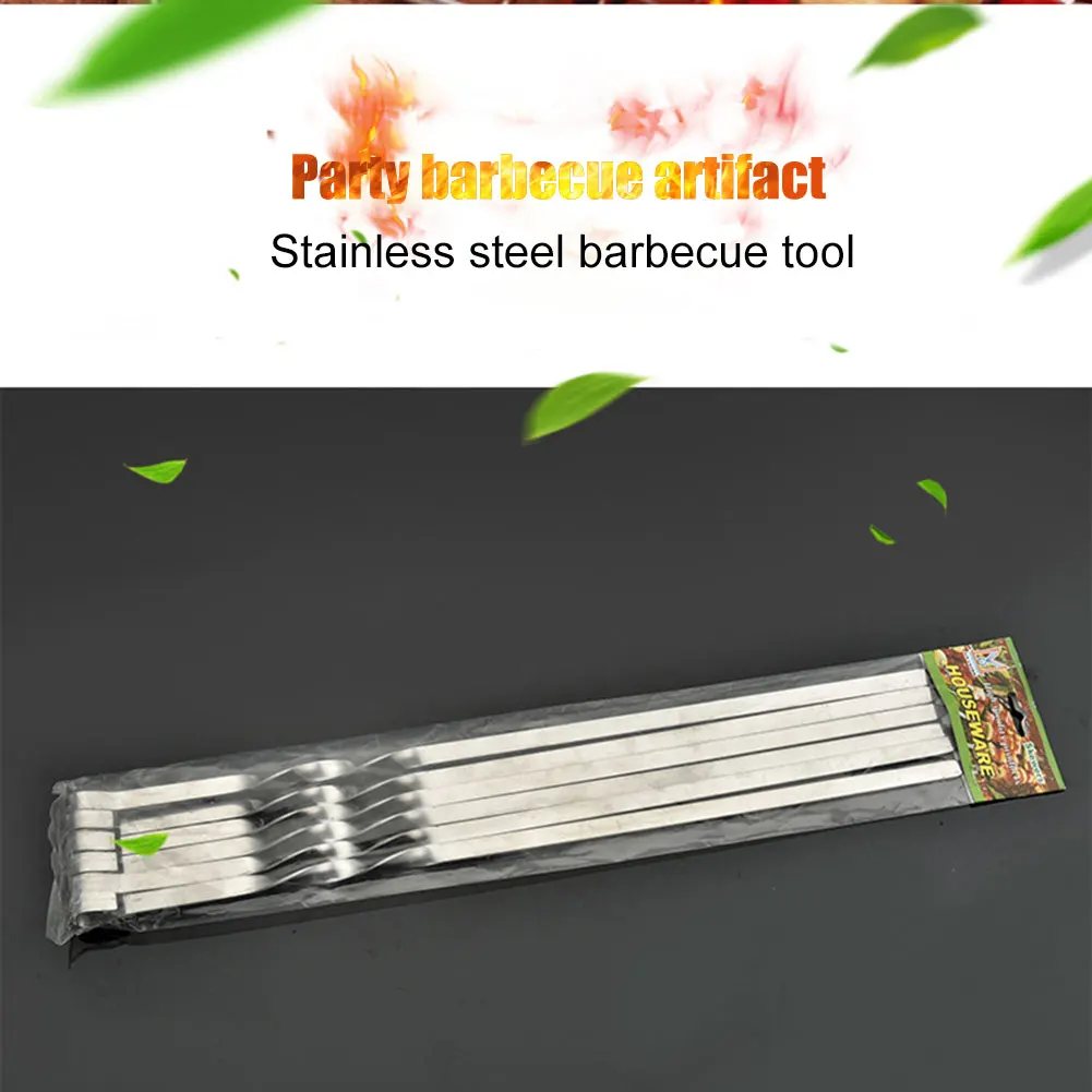 

6 Pcs Barbecue Skewers Stainless Steel Flat Wide Thick Reusable BBQ Grilling Sticks