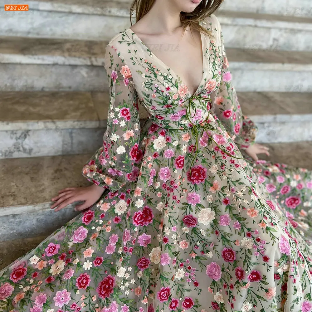 Женские вечерние платья WEIJIA в стиле бохо с V-образным вырезом и длинными рукавами