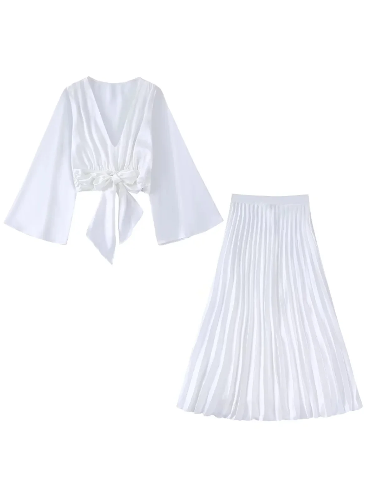 

2022 Summer Women Fashion With White Bow Tied Flare Sleeves Cropped Tops Folds Empire Waist Skirts New Casual Two Piece Sets