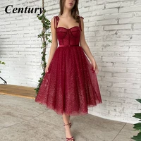 burgundy glitter tulle prom dresses sweetheart straps tea length a line wedding party gowns midi elegant formal evening gowns
