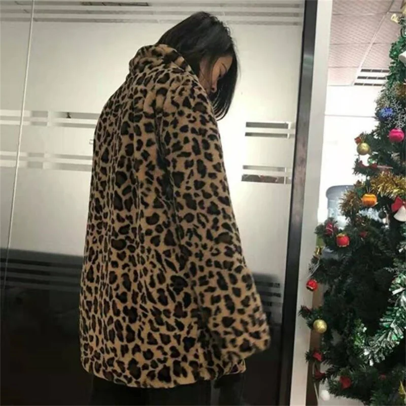Autumn faux mink fur leather jacket womens Leopard print winter thicken warm Long sleeve fur leather coat women loose cloth b338
