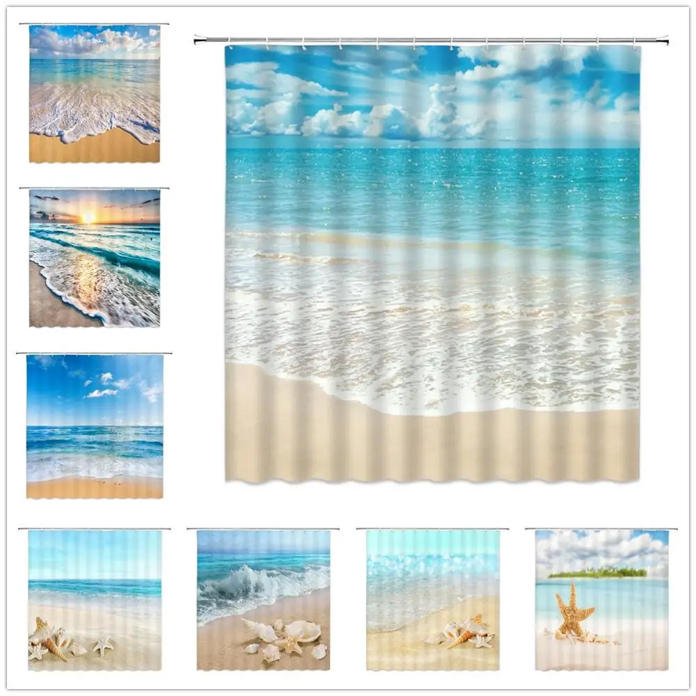 

Cortinas de ducha impermeables para decoración del hogar, juego de cortina de tela con diseño de mar, mar, Mar