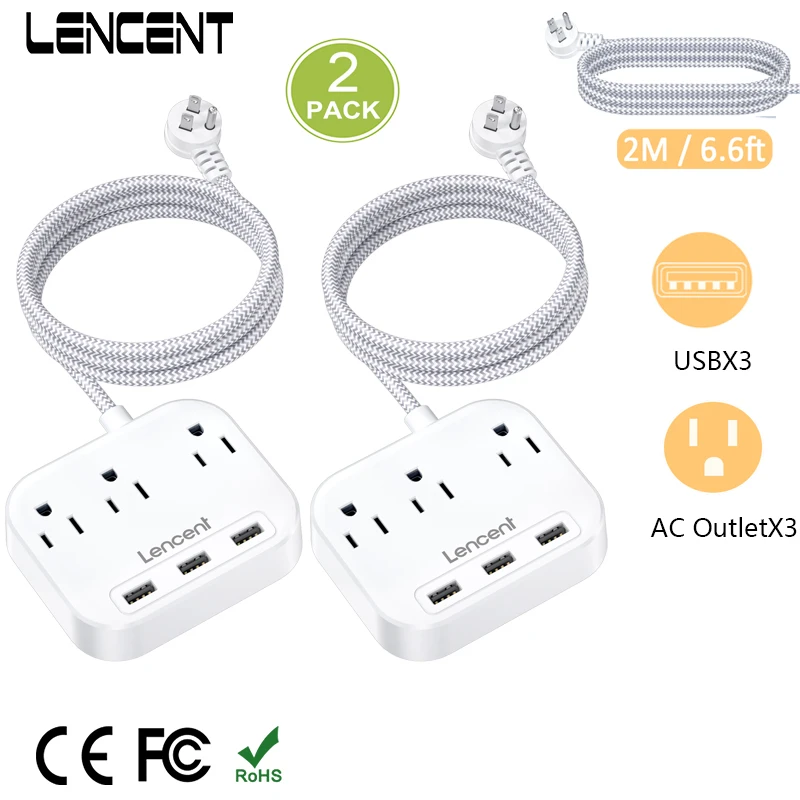 

LENCENT 2 PCS US Power Strip with 3 AC Outlets 3 USB Ports Flat Plug with 6.6ft Braided Extension Cord Charger for Home Travel