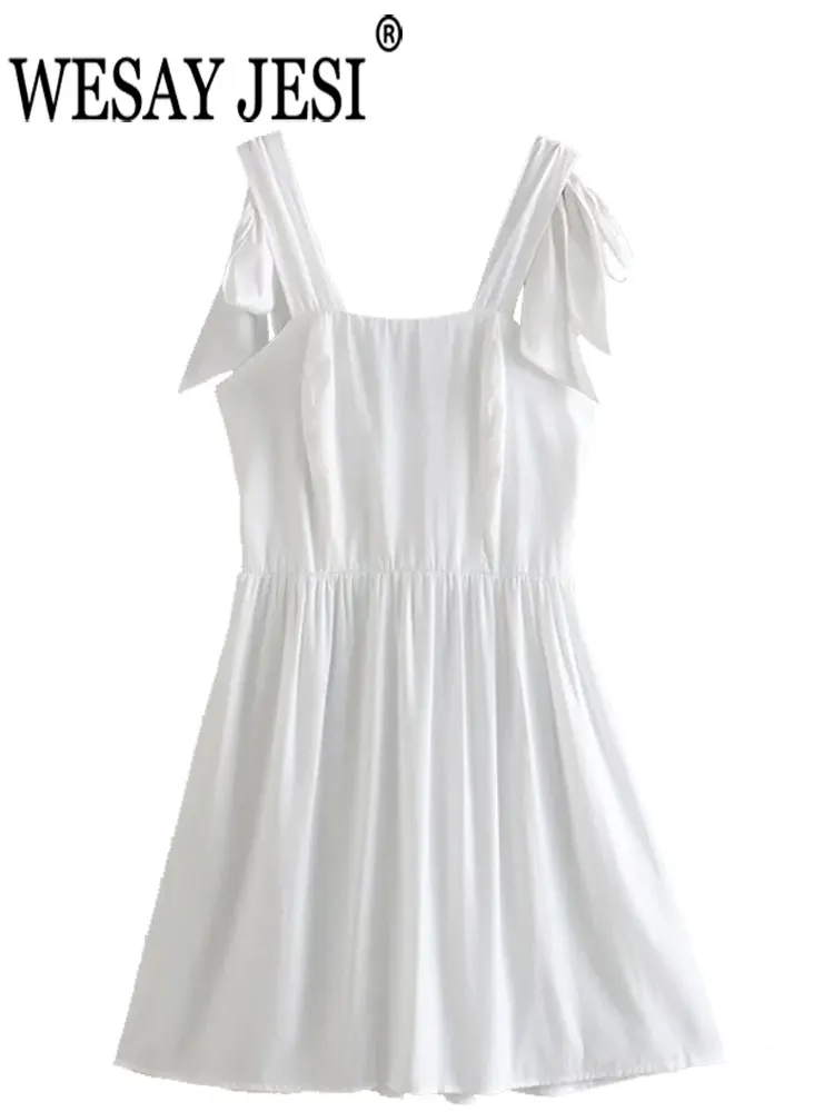 

WESAY JESI модное женское мини-платье Элегантное однотонное белое платье на бретельках с бантом пуловер с открытой спиной эластичная Свободная ...