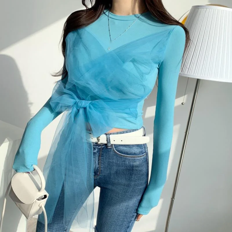

Bow Short Swwet T-shirt Women Autumn Bandage Mesh Long Sleeve Top Tshirt Blue Grey Tees Hot Sexy Korean Tops 2022 Sweet 5NE0