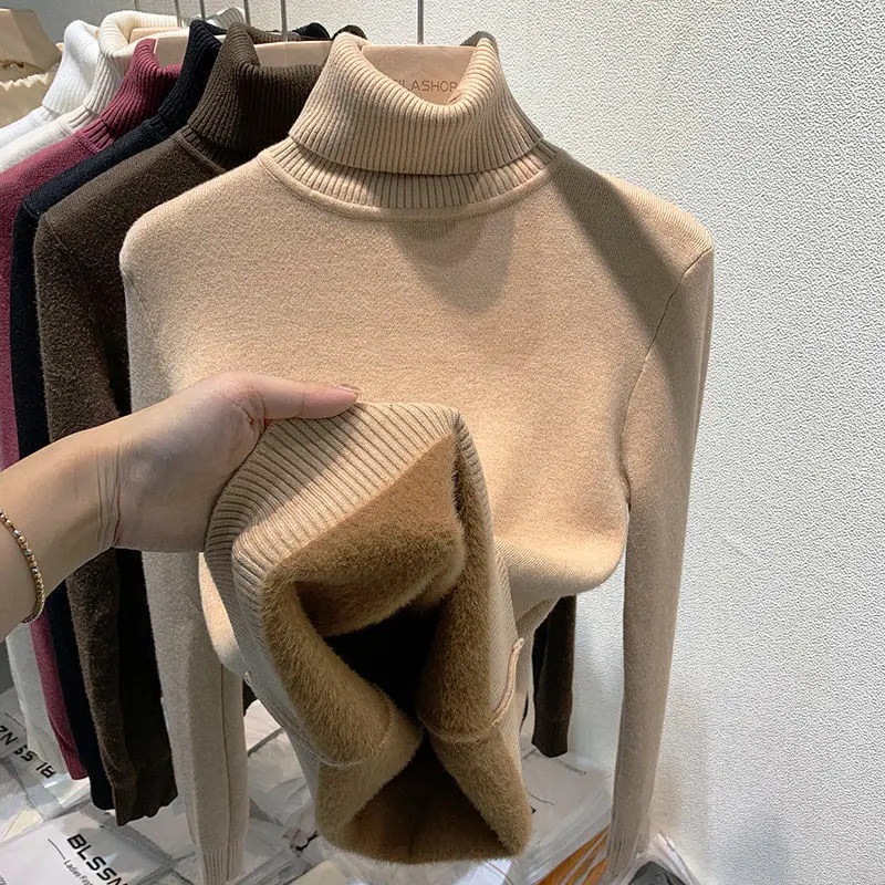 

Korean Autumn Winter New High Collar Plus Velvet Thicken Sweater Women Loose Solid Color Sweater Women Thick Thermal Blouse