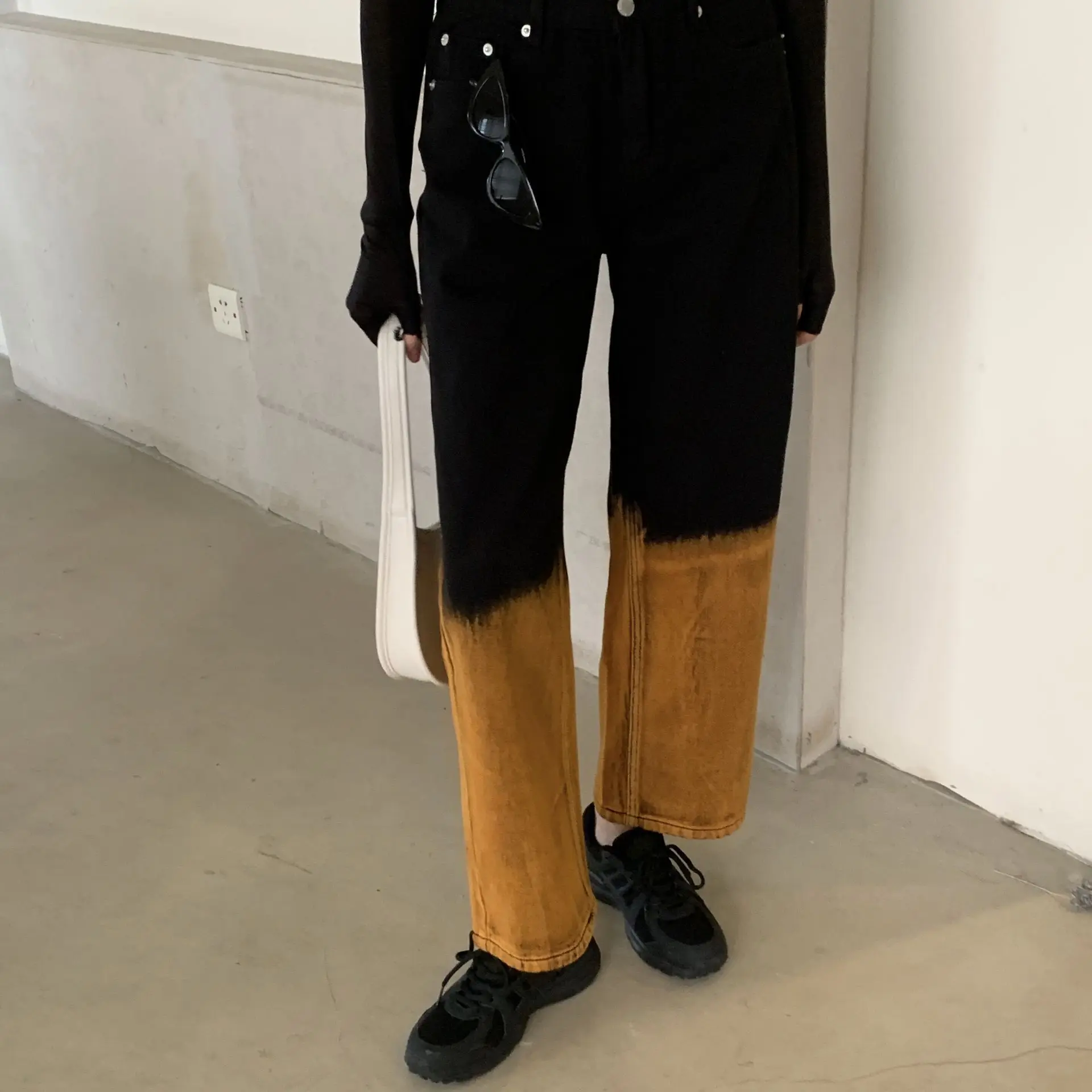 

Women Tie-dye Jeans 2023 New Fall Women's Loose Wide-leg Pants High-waist Straight-leg Pants Female New Korean Black Trouser