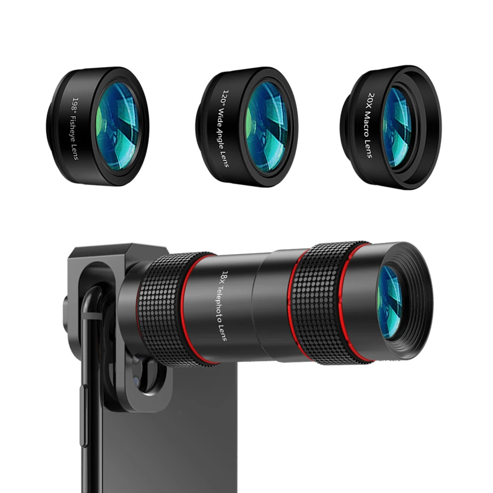 

Newest Gadgets 4 in 1 Phone Lens Kit Fisheye Wide angle Macro 18X HD Telephoto Zoom Lens for iPhone 11 Pro for Mobile Phone