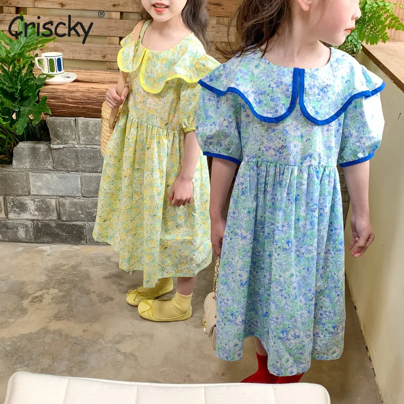 

Criscky 2022 New Floral Summer Dress For Girls turndown collar dress French Style Dresses For Children Kids print dress