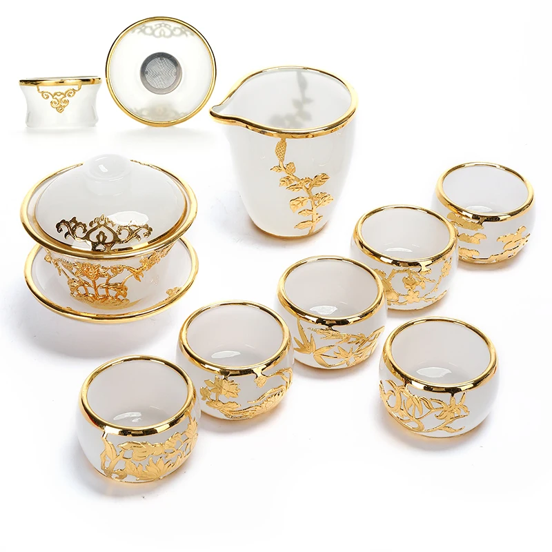 

Gold Inlaid with Jade Glass Kung Fu Tea Set Silver Plated Cover Teacup Pitcher Complete Set Jade Porcelain Gift Box