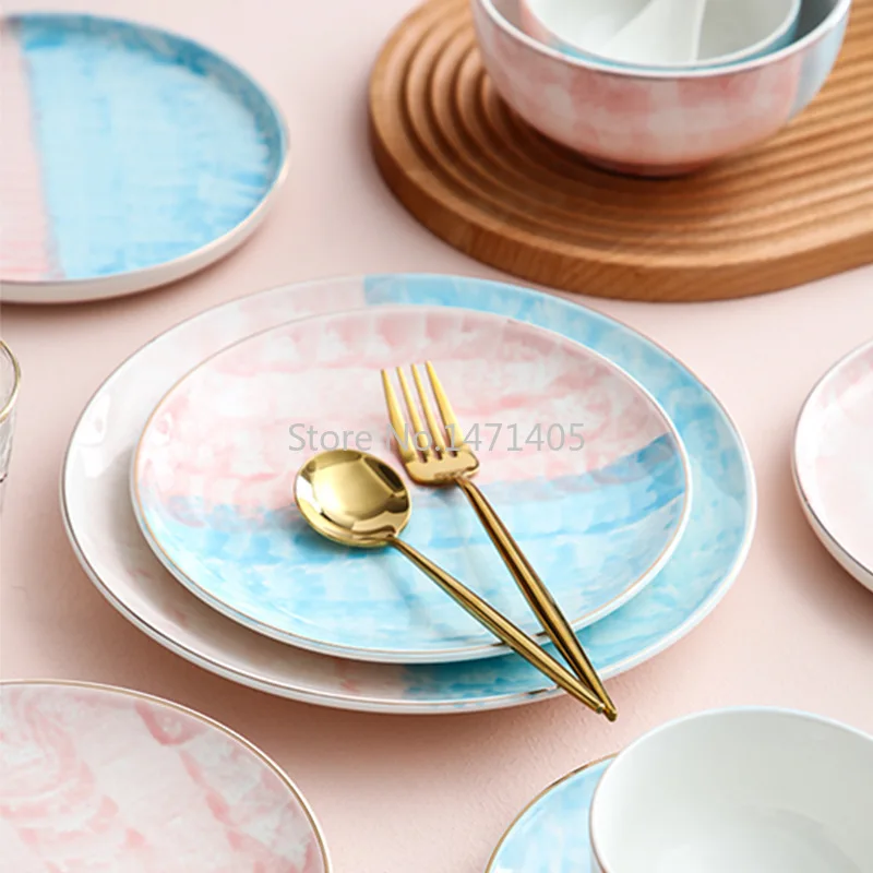 

Европейский стиль, роскошная керамическая посуда ручной росписи в стиле Пномпень, креативная Радужная Западная обеденная тарелка, домашний набор