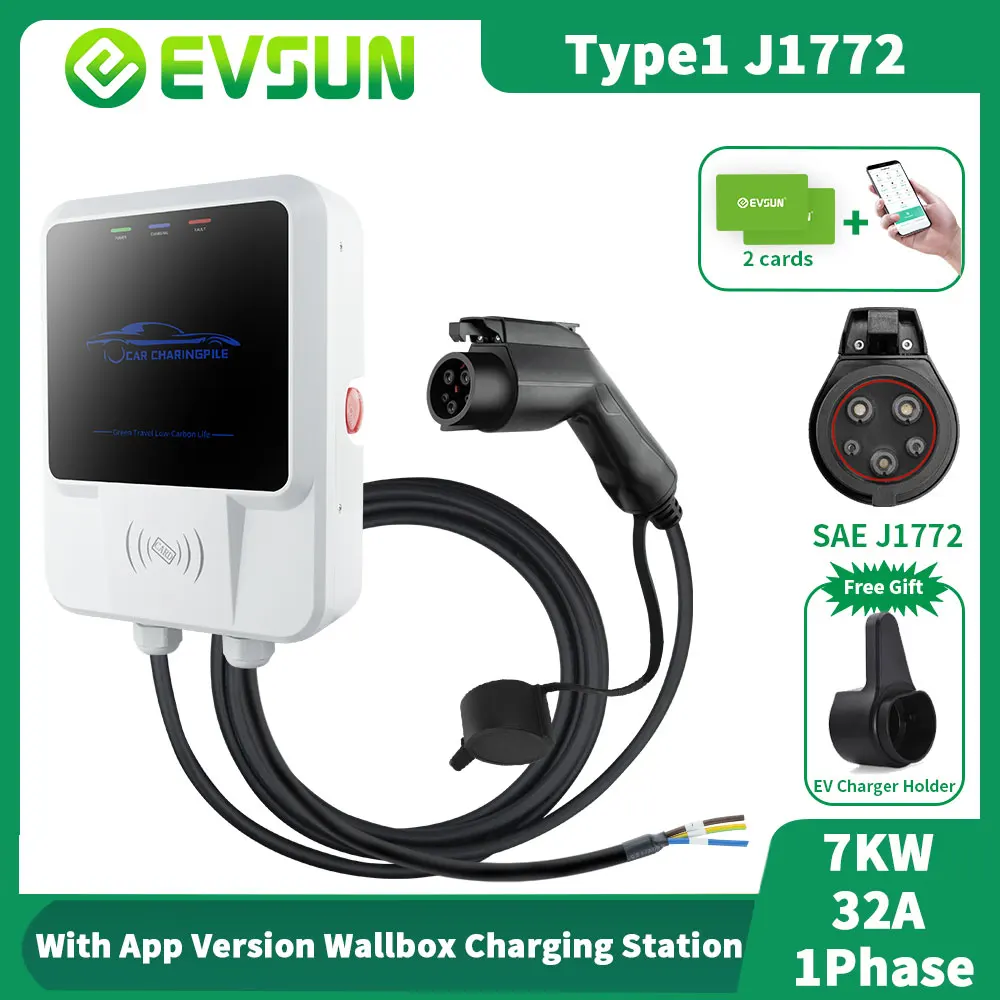 

EVSUN 32A 7KW EV Charger Type1 J1772 Adapter 5M Cable EVSE Wallbox Wallmount Charging Station With APP Control For Electric Car