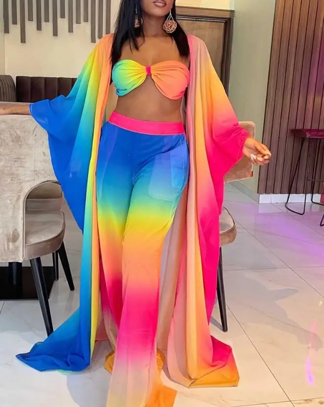 

Комплект из 3 предметов, Удлиненное пальто с принтом Омбре и брюки с широкими штанинами и Бралетт