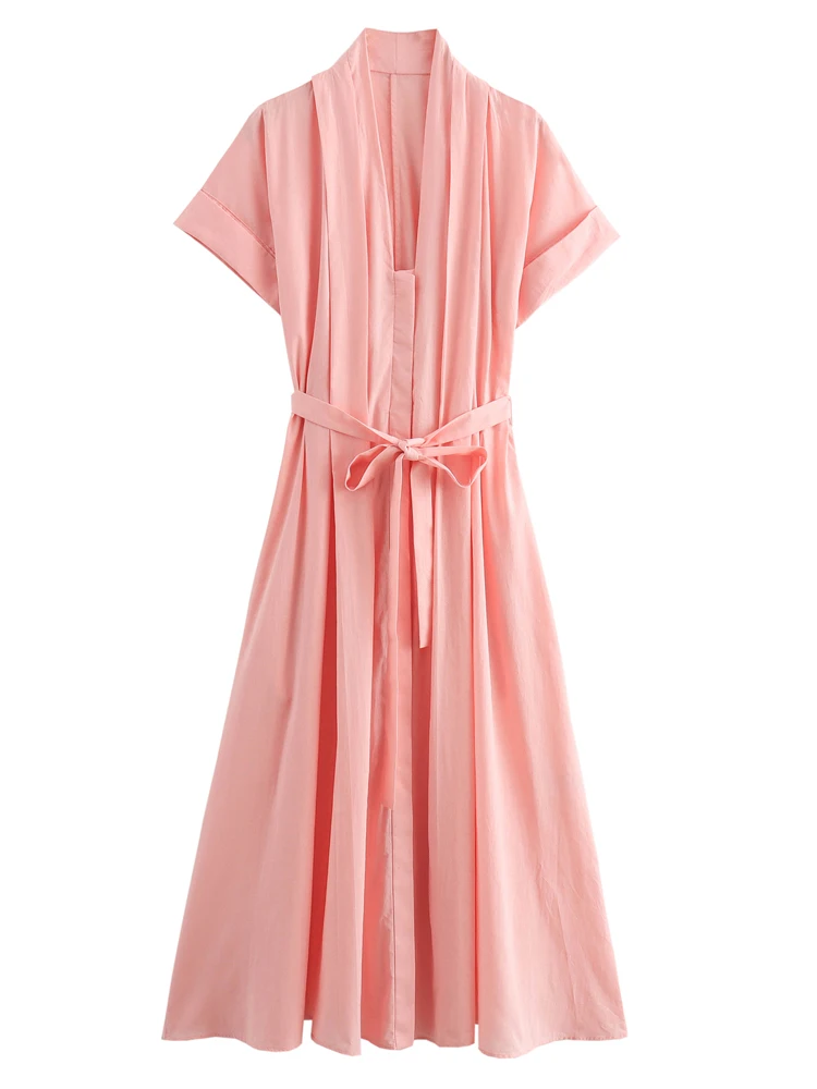 Женское платье-рубашка с поясом V-образным вырезом и коротким рукавом