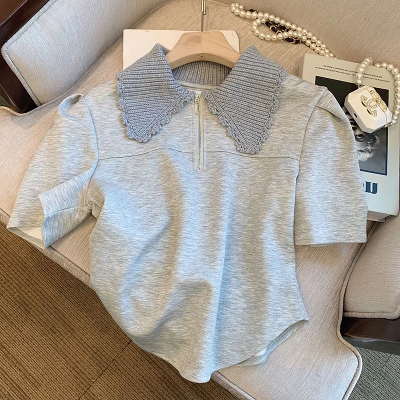 

SuperAen 2022 Gray Patchwork Turn Down Collar Short Sleeve T-shirt Women Sweet Slim All Match Summer