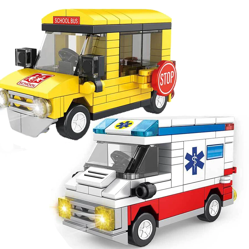 

City Car Series Building Blocks Ambulance School Bus Camper Model Truck Bricks Children Educational Assembly Toy Boy Gift