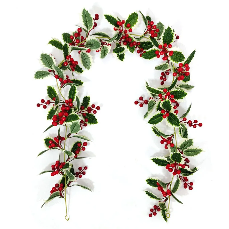 1.7-2.5M Christmas plants Hanging rattan Lovely Mistletoe leaf garland with rich red fruit Wreath Xmas New year home Garden deco