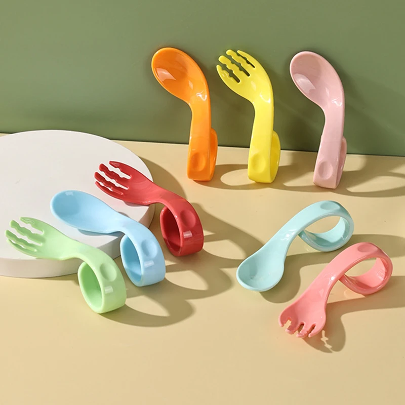 

Детская тренировочная ложка, детская посуда для обучения кормлению, столовые приборы для малышей, ложка с изогнутой ручкой для младенцев, набор вилок