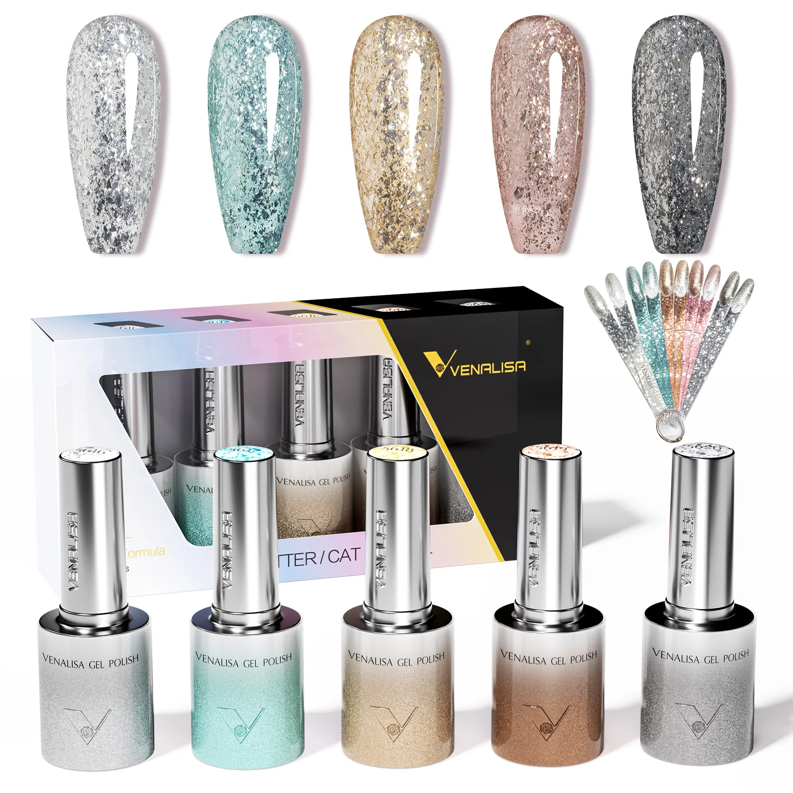 Фото 5 шт. Venalisa Hema/TPO Free Cat Eye Гель-лак для ногтей Набор цветовой палитр Ультра блестящий алмазный блеск Soak Off УФ-светодиодный набор лаков №4
